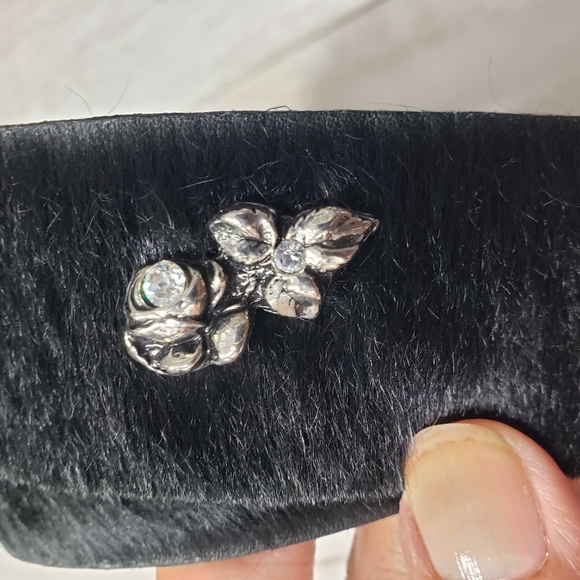 Berge Black Pony Hair Calf Hair Belt Silver Botanical Details Buckle Boho Edgy - Picture 12 of 15